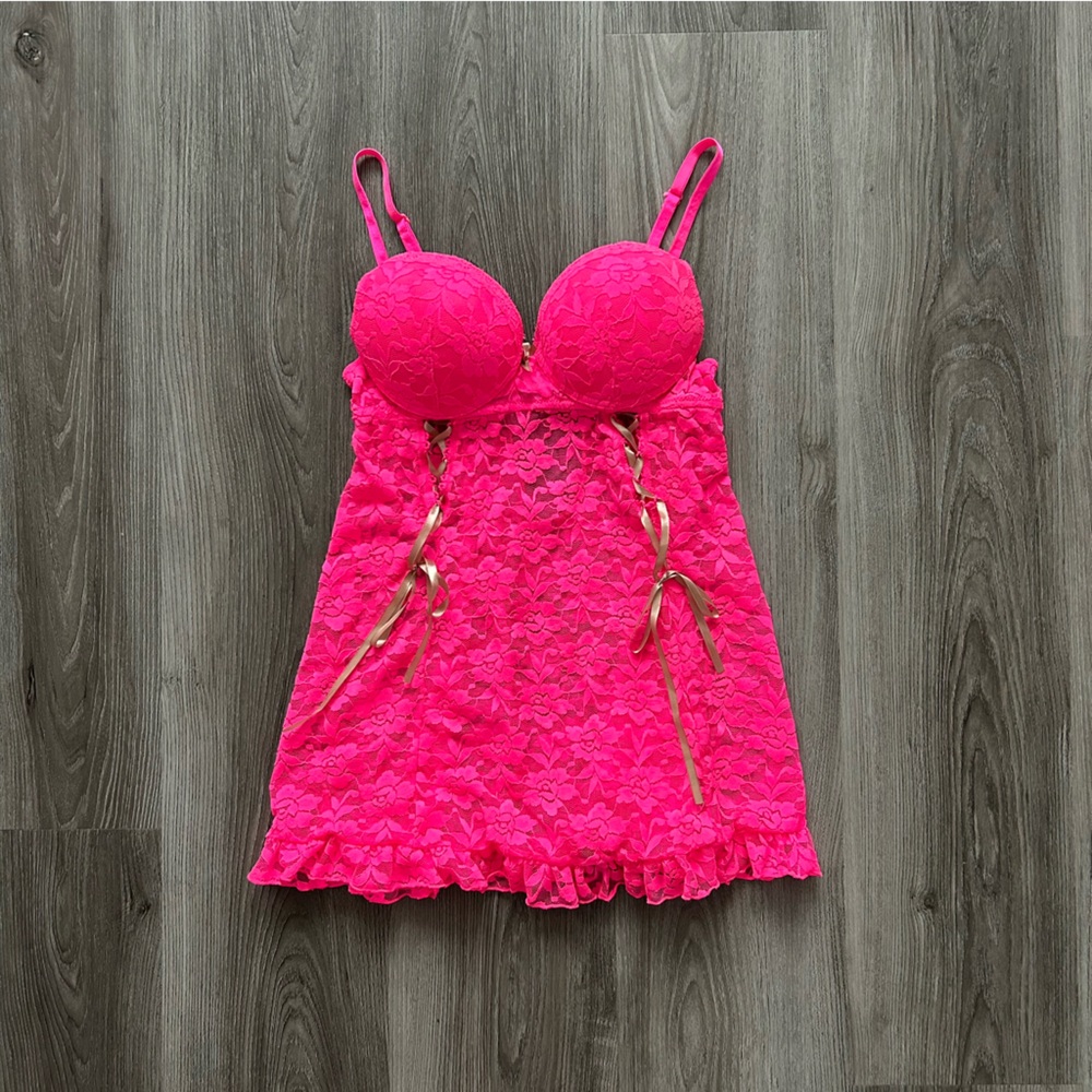 Candy Couture Pink Lace Babydoll Lingerie Top with Gold Accents